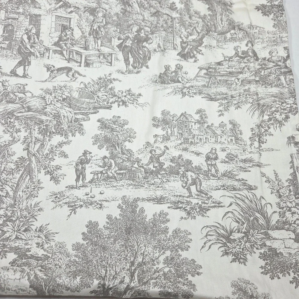 Vintage French Country Toile Curtains Set 2 Cotton Pastoral Scene Cream Grey